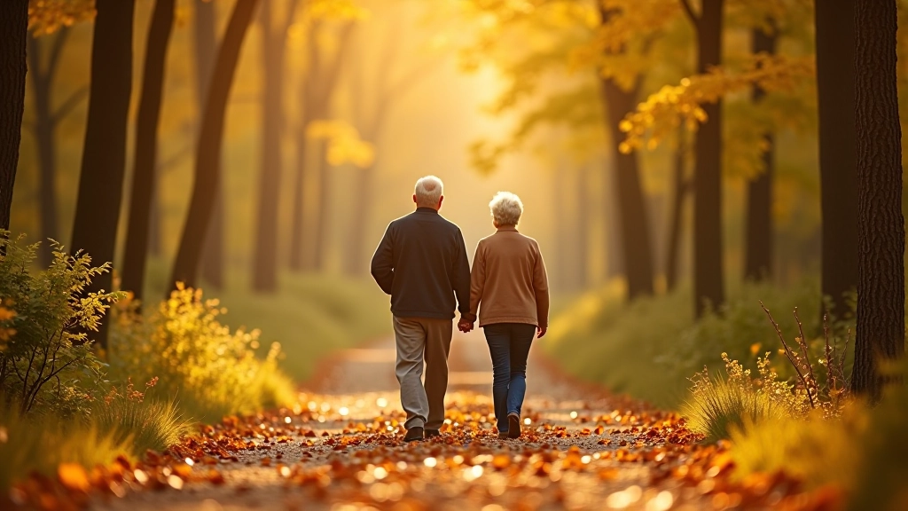 Seniori gāj pa mežainu taciņu ar rudens lapām