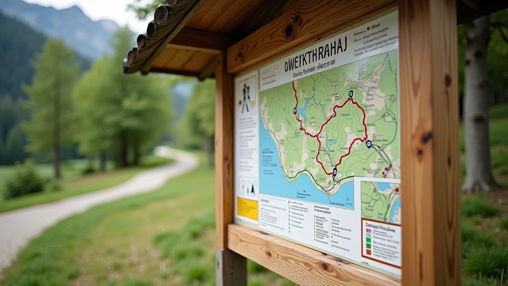 Informācijas tāfele ar maršruta karti un drošības padomiem, ņemti ārā pie ieejas